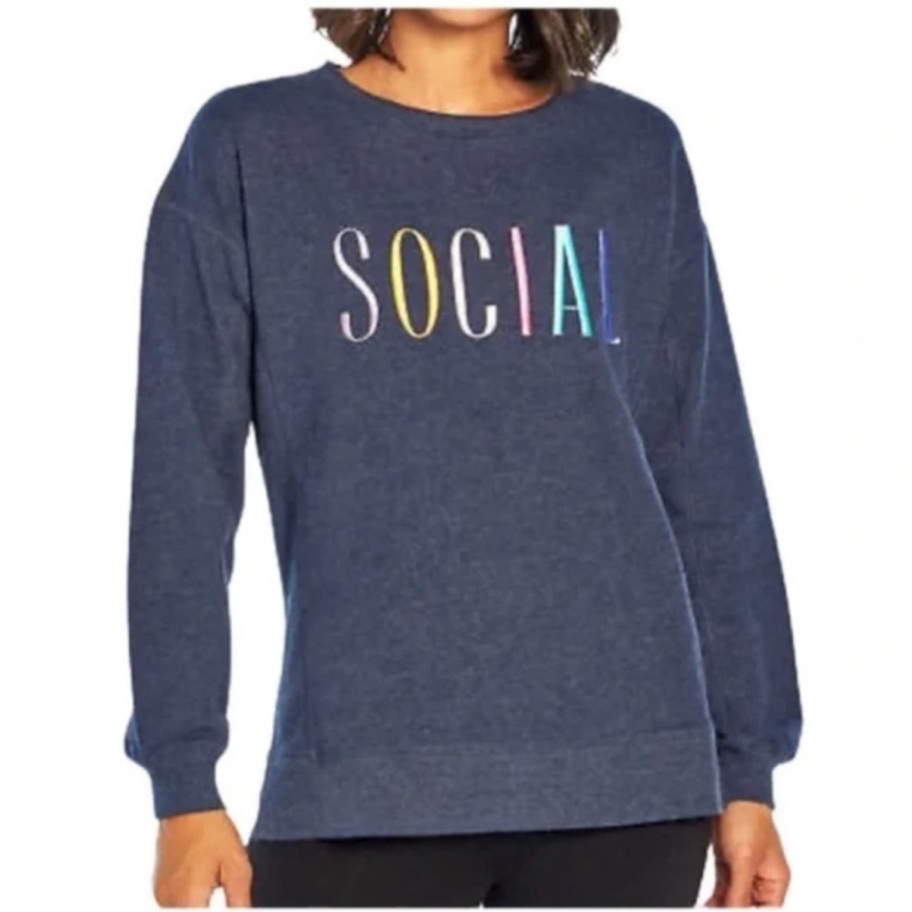 Wildfox Blue Rainbow Social Embroidered Lettering Crewneck Sweatshirt size L